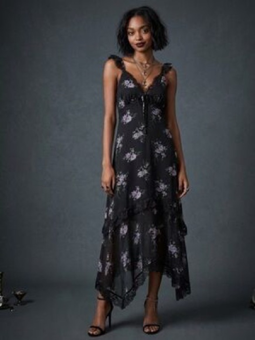 Black Floral Dress Lace Details V Neck & Tiered Handkerchief Hem Vintage Look